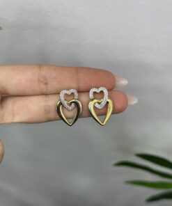 ikili Kalp Taşlı Gold Küpe