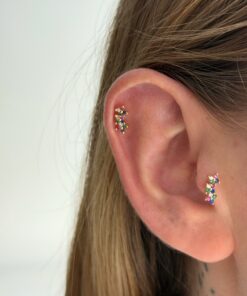 Renkli Taşlı Gold Çelik Piercing