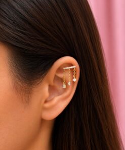 Zincirli Taşlı Hidden Helix Gold Piercing