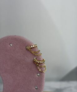 Sıralı Taşlı Zincirli Halka Gold Piercing