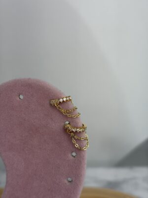 Sıralı Taşlı Zincirli Halka Gold Piercing